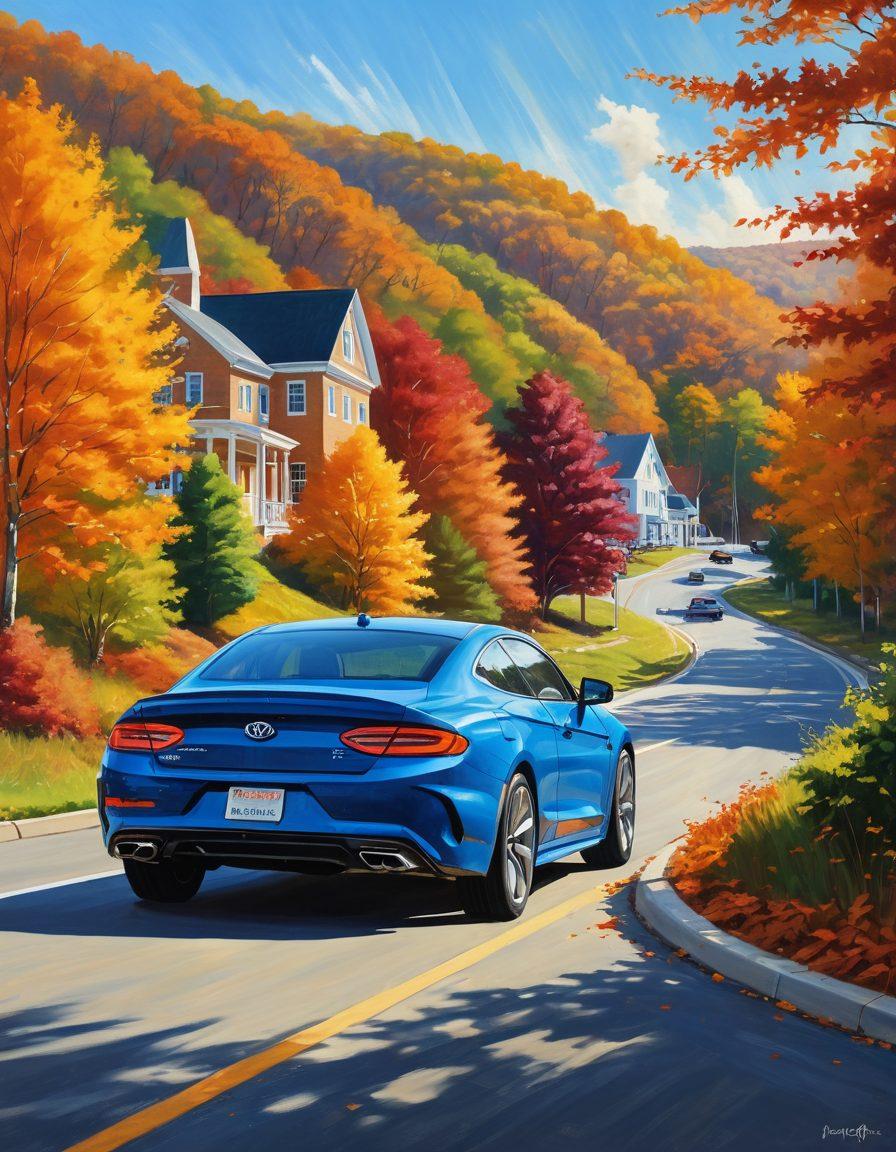 A cheerful motorist driving through a scenic Virginia landscape with rolling hills and vibrant autumn foliage, showcasing a smiling driver enjoying their DMV journey. Include elements like a friendly DMV office building in the background, clear blue skies, and a sense of adventure and freedom. Bright colors to evoke joy and satisfaction. super-realistic. vibrant colors. painting.