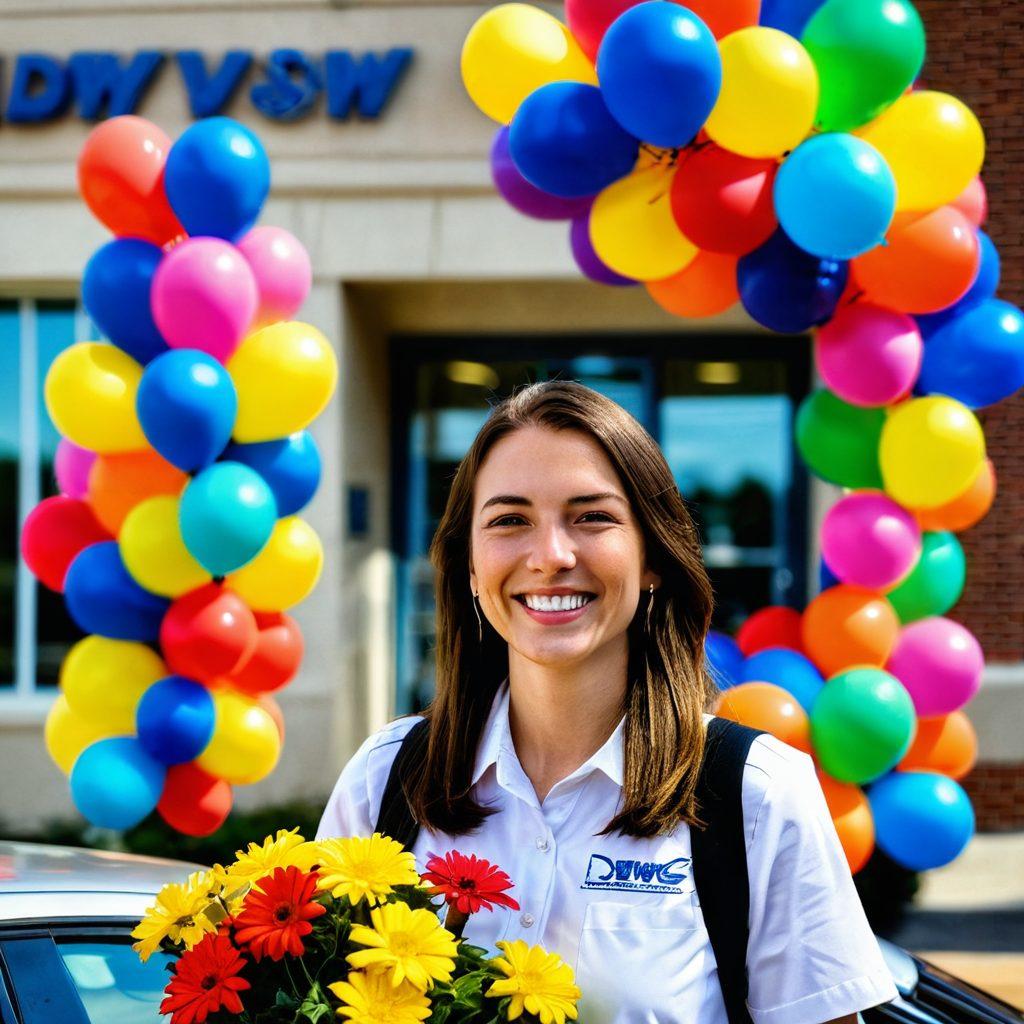 A cheerful Virginia motorist smiling while standing in front of a DMV building decorated with colorful balloons and flowers, surrounded by well-organized lines of happy people. In the background, a radiant sun shines through fluffy clouds, symbolizing positivity. Emphasize the DMV staff assisting with warm smiles. vibrant colors. super-realistic. cheerful atmosphere.