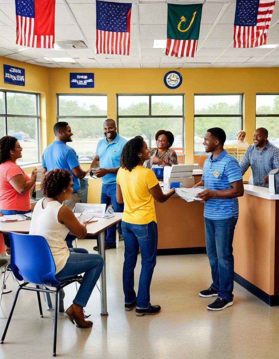 A cheerful scene depicting a diverse group of people happily interacting at a DMV office in Virginia, filled with natural light and vibrant decorations. Include a smiling staff member assisting a customer, while others are chatting and enjoying refreshments. Emphasize an inviting atmosphere with a hint of the Old Dominion elements, like Virginia flags or historical motifs. warm colors, vibrant and uplifting. digital illustration.